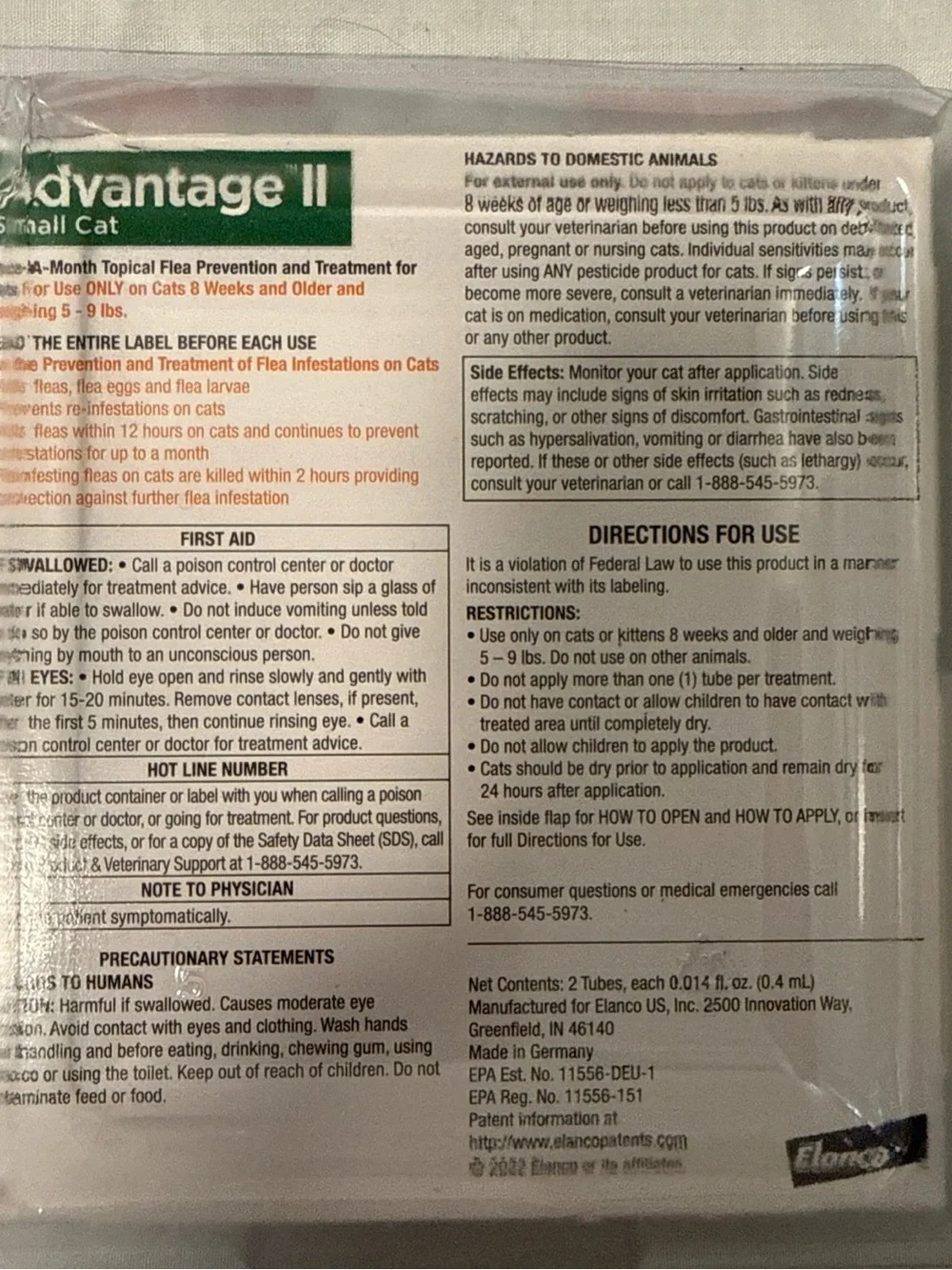 Elan Advantage II Small Cat Topical Flea Prevention - Green
